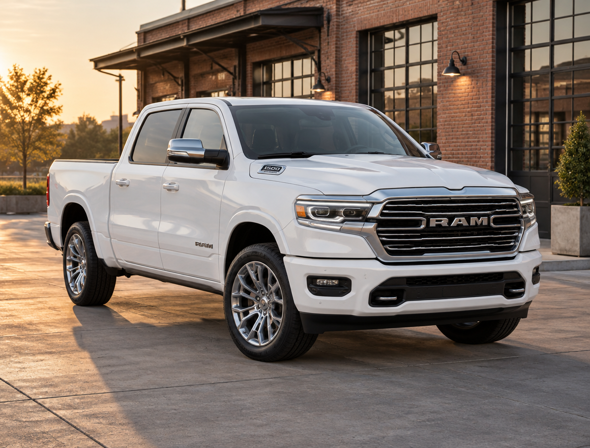 Generated illustration of a White 2025 Ram 1500; not a photograph of the actual vehicle for sale